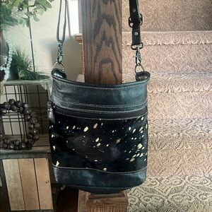 Myra Cow Hide Black and Gold Leather Handbag Purse Shoulder Bag
